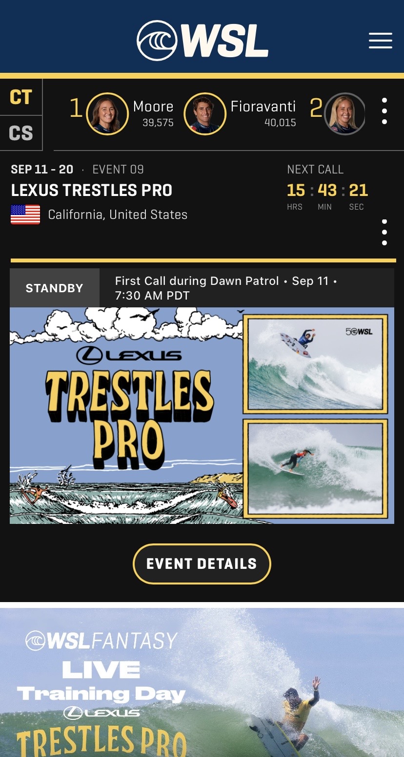 Vista mobile (iPhone) de worldsurfleague.com